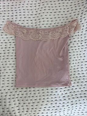 Motel Rocks Pale Pink Satin Top with Black Logo Tag